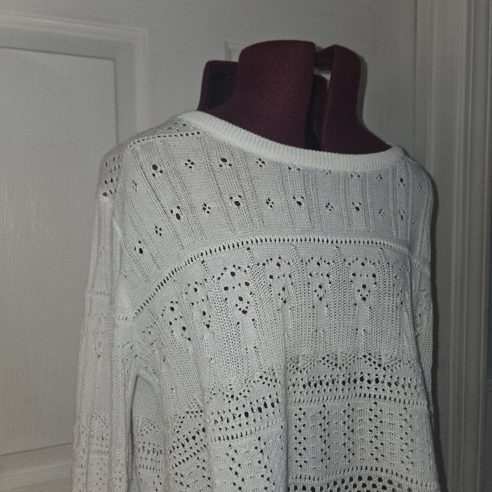 Altar'd State Bell Sleeve White Cotton Eyelet Crew Neck Scalloped Hem Sweater - Picture 2 of 8